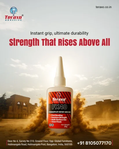 Technician applying Teraxo industrial adhesive between metal and plastic parts strong bonding and quality assurance